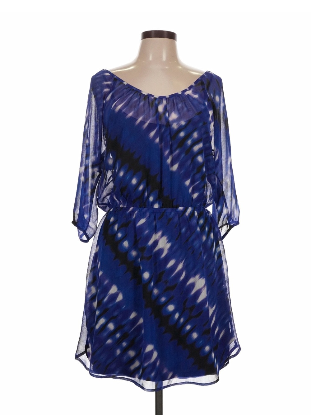 Express Blue & Black Tie-Dye Dress With Sheer Sleeves Large